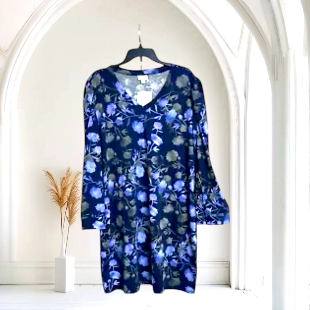 Lularoe AVA Dress Size 2XL Navy Floral‎ V-Neck Mutton Long Sleeve